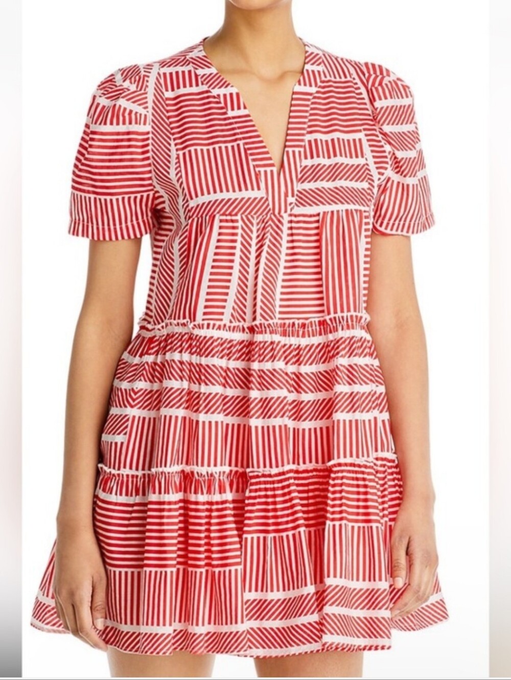 Aqua Red Striped Tiered Casual Mini Dress